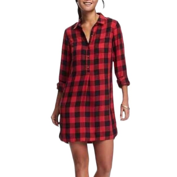 Old Navy Dresses & Skirts - Old Navy Buffalo Plaid Rayon Shirt Dress Women’s SZ XXL in Red and Black